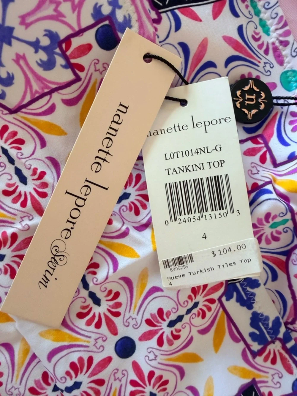 NWT Nanette Lepore Mueve Turkish Tiles patchwork print Tankini Top, size 4